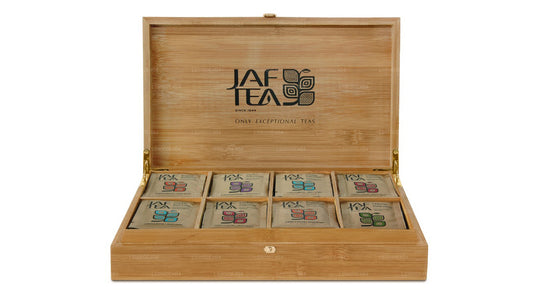 Présentoir en bambou à 8 compartiments Jaf Tea avec sachets de thé enveloppés en aluminium (160 g)
