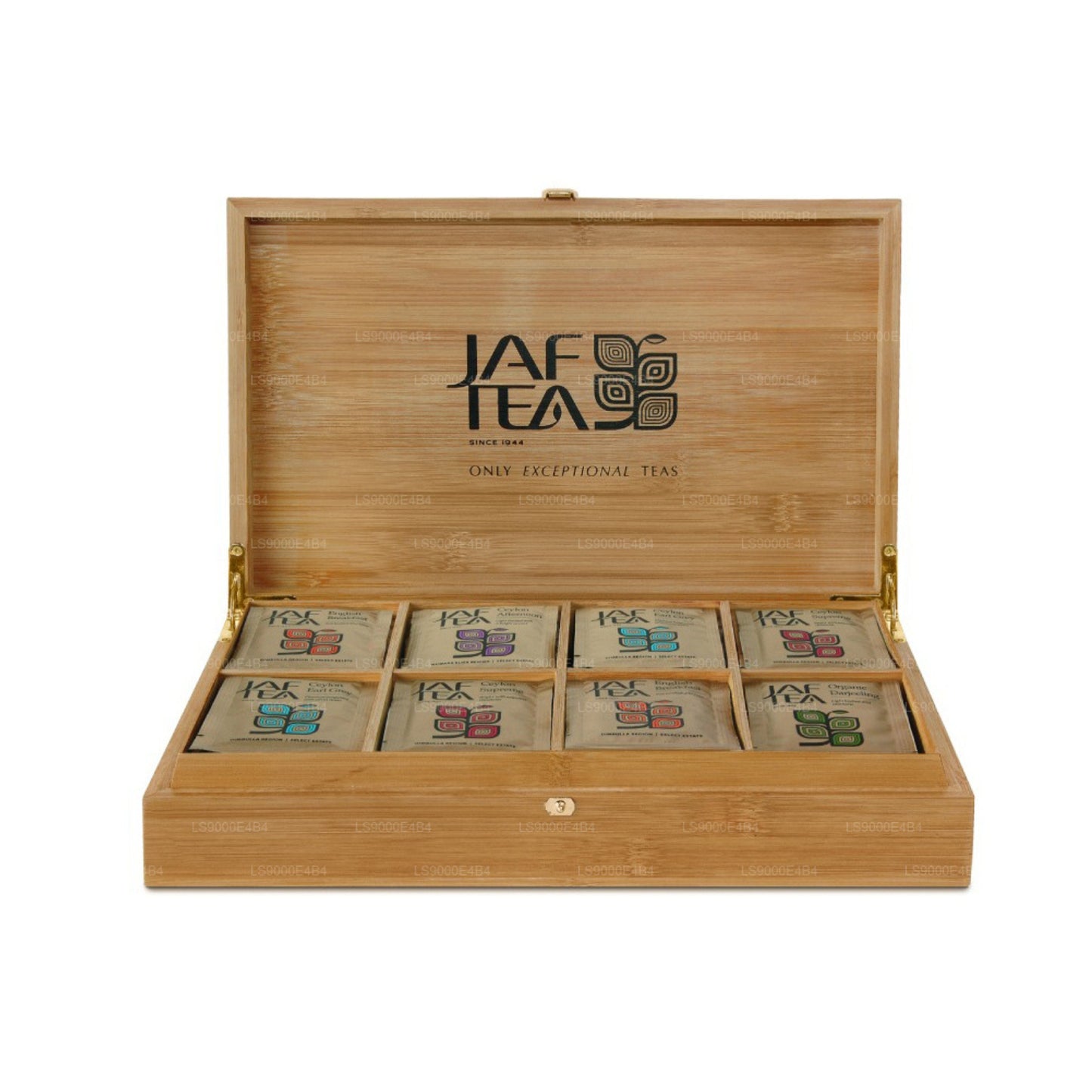 Présentoir en bambou à 8 compartiments Jaf Tea avec sachets de thé enveloppés en aluminium (160 g)
