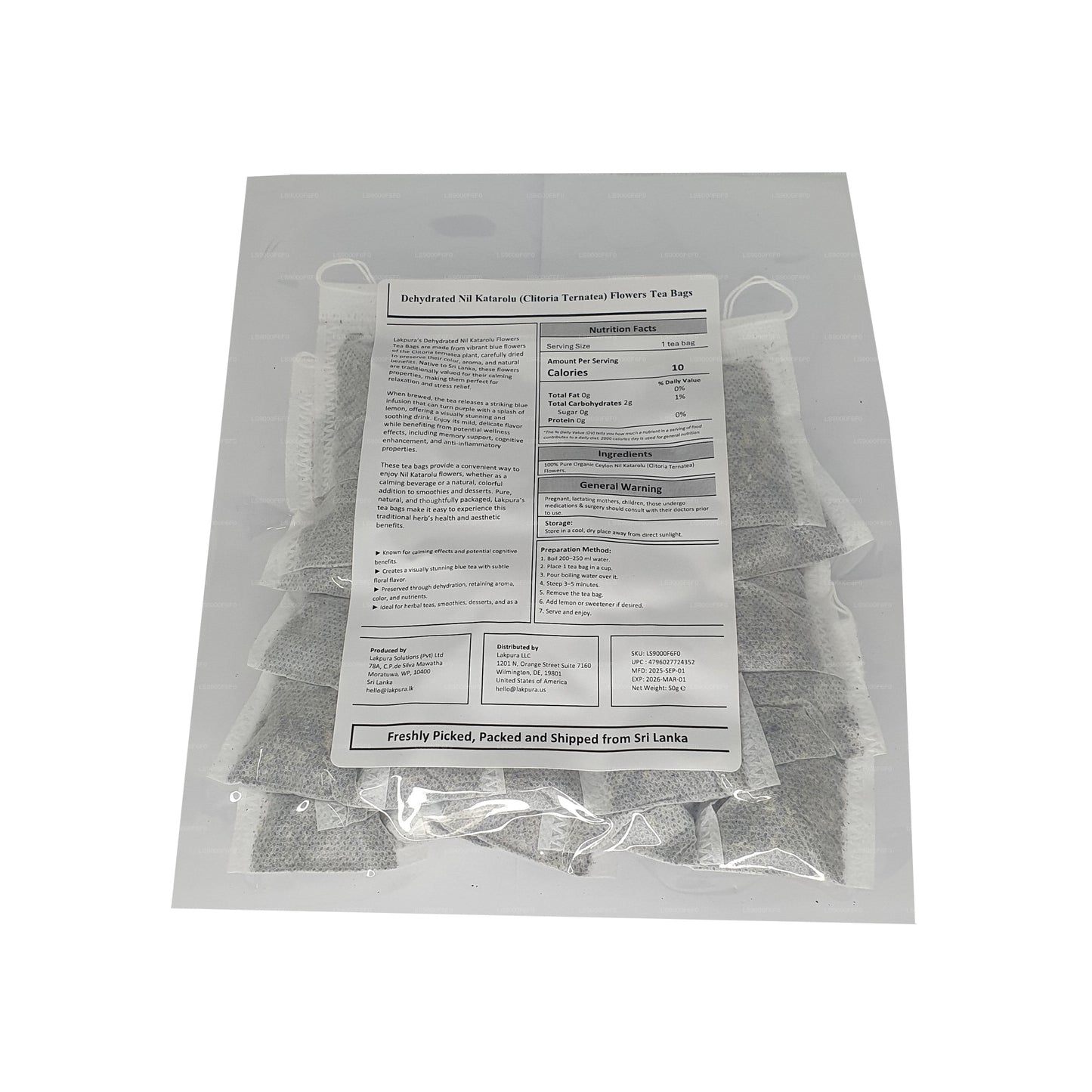 Sachets de tisane de fleurs de pois papillon déshydraté Lakpura® (Nil Katarolu ; Clitoria Ternatea) (25 sachets)