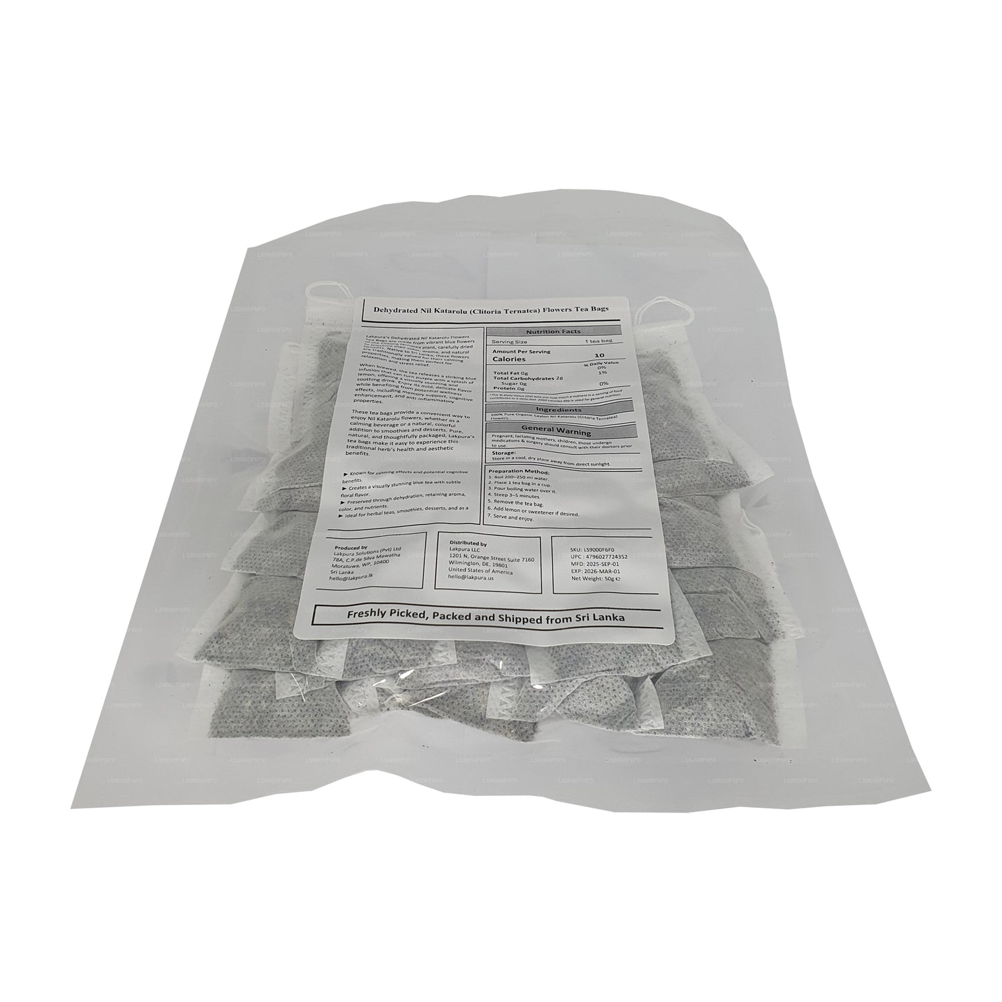 Sachets de tisane de fleurs de pois papillon déshydraté Lakpura® (Nil Katarolu ; Clitoria Ternatea) (25 sachets)