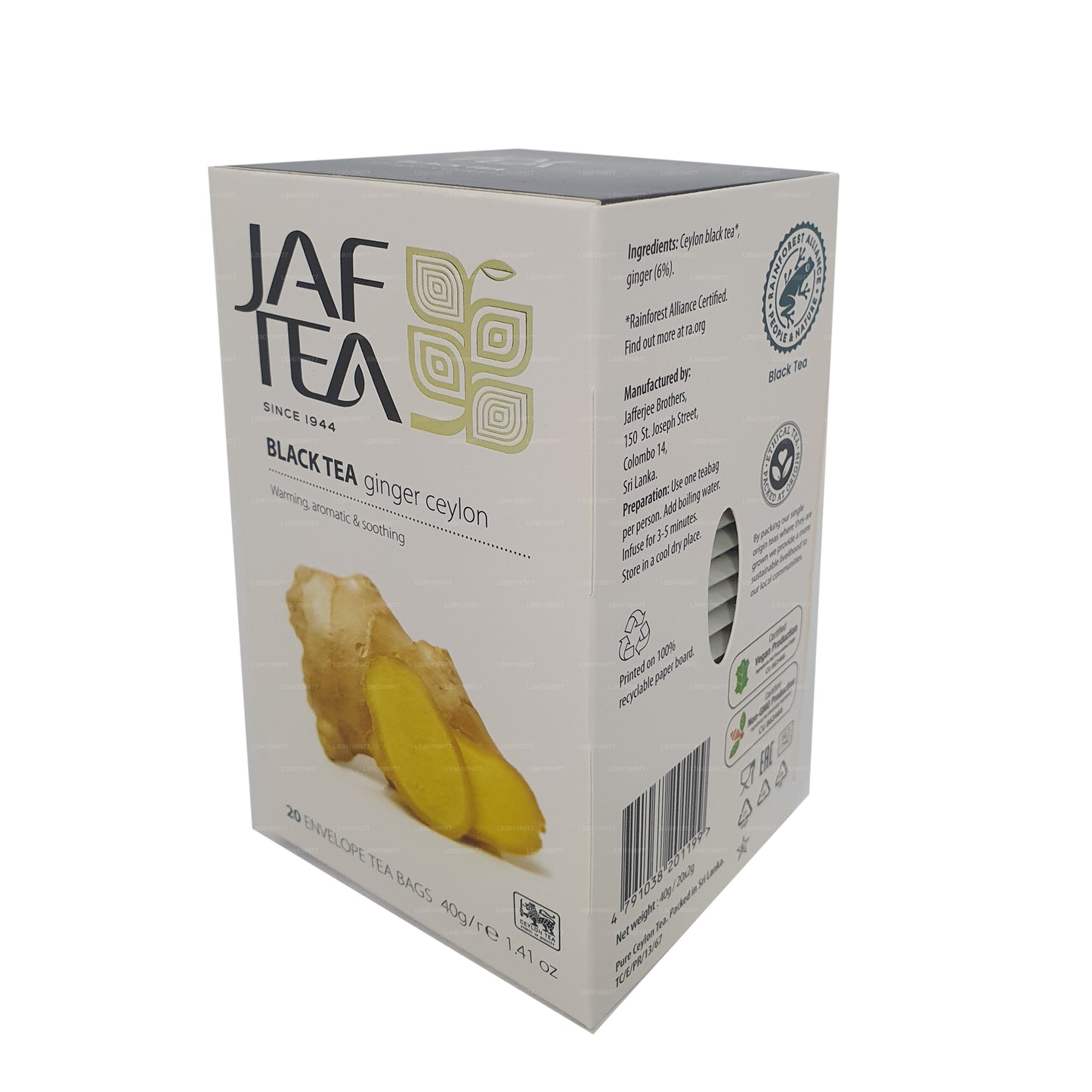 Jaf Tea Pure Spice Collection Thé noir au gingembre de Ceylan (40 g) 20 sachets de thé