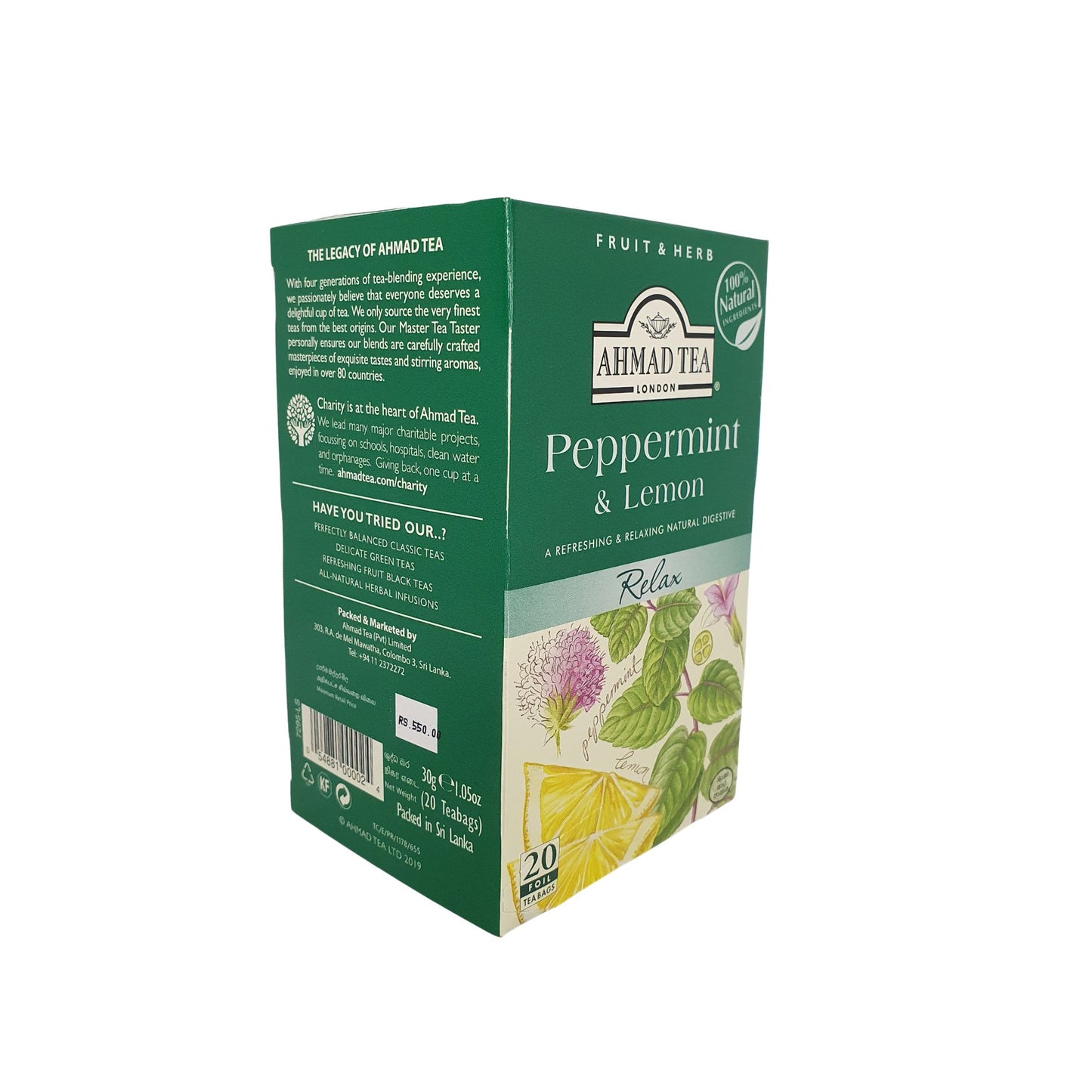 Thé Ahmad Tea à la menthe poivrée et au citron (40 g) 20 sachets de thé en aluminium