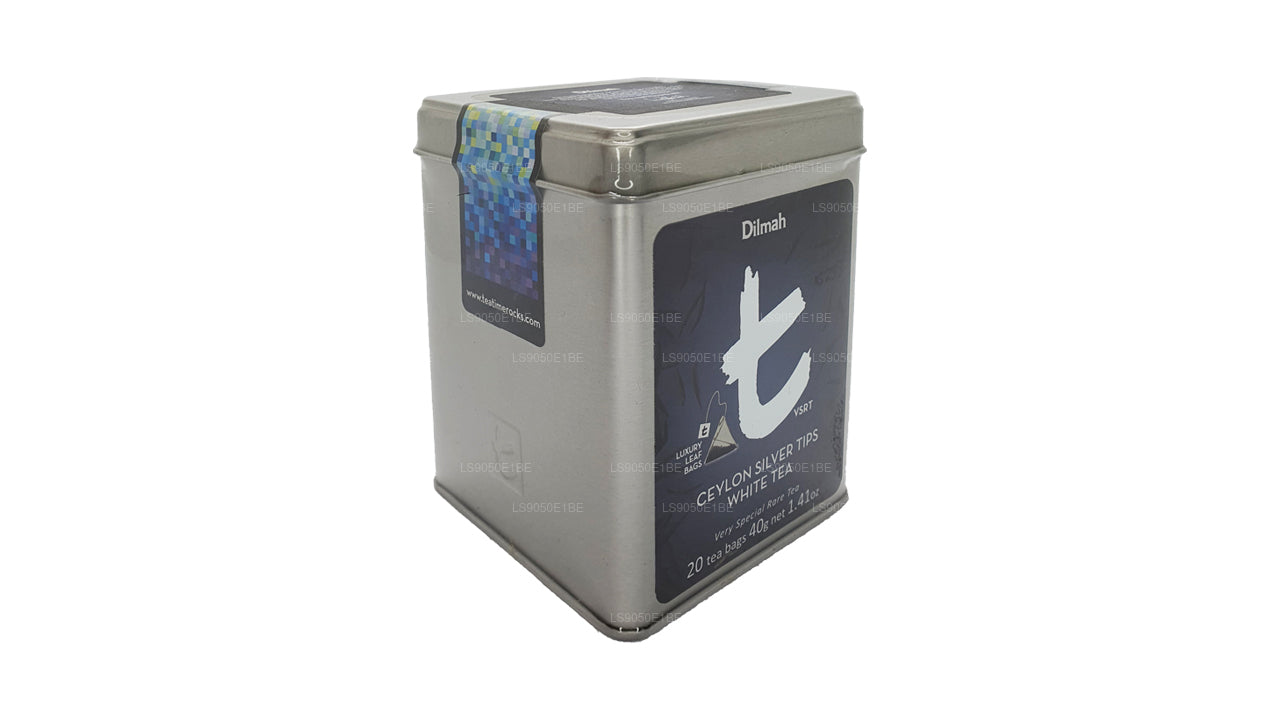 Boîte à thé blanche Dilmah série T VSRT Ceylon Silver Tips (40 g), feuille en vrac