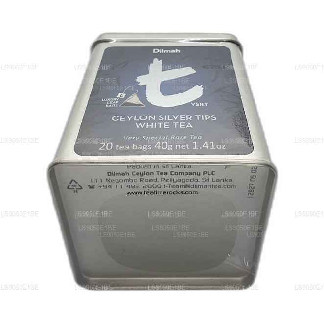 Boîte à thé blanche Dilmah série T VSRT Ceylon Silver Tips (40 g), feuille en vrac