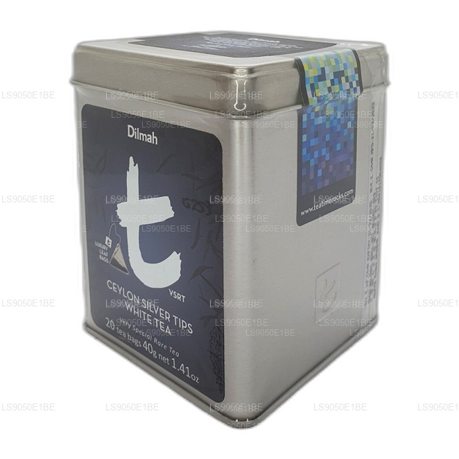 Boîte à thé blanche Dilmah série T VSRT Ceylon Silver Tips (40 g), feuille en vrac