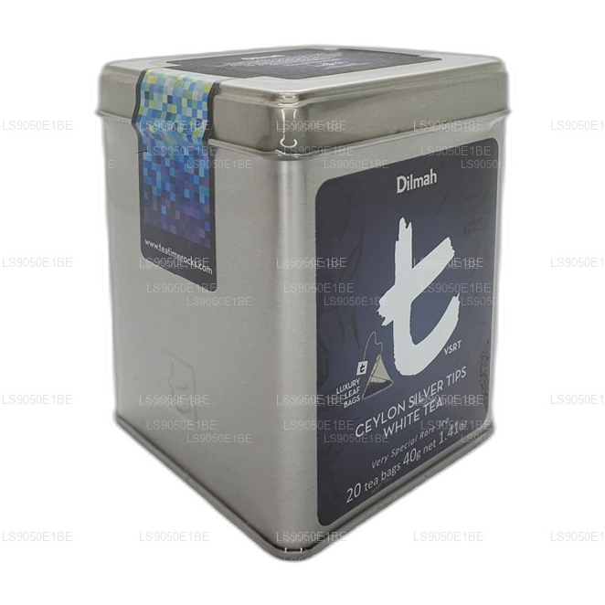 Boîte à thé blanche Dilmah série T VSRT Ceylon Silver Tips (40 g), feuille en vrac