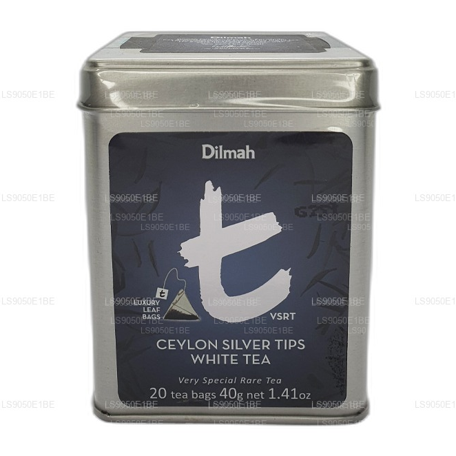 Boîte à thé blanche Dilmah série T VSRT Ceylon Silver Tips (40 g), feuille en vrac