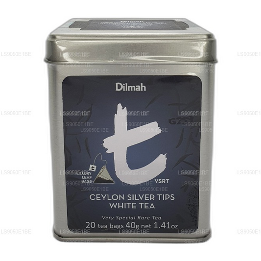 Boîte à thé blanche Dilmah série T VSRT Ceylon Silver Tips (40 g), feuille en vrac