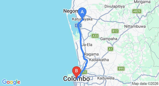 Driving route map: Colombo Airport (CMB) to Colombo Serviced Apartments, Colombo (32 km, approx 39 min private transfer)