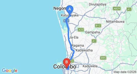 Driving route map: Colombo Airport (CMB) to Jetwing Colombo Seven, Colombo (33 km, approx 42 min private transfer)