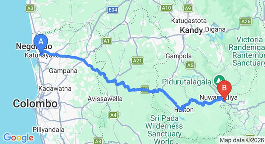 Driving route map: Colombo Airport (CMB) to Avian Breeze, Nuwara Eliya (157 km, approx 4 h 50 min private transfer)
