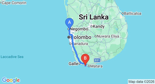 Driving route map: Colombo Airport (CMB) to Fishermans Bay, Weligama (174 km, approx 2 h 28 min private transfer)