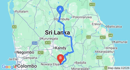 Driving route map: Sigiriya to Nuwara Eliya (191 km, approx 4 h 45 min private transfer)
