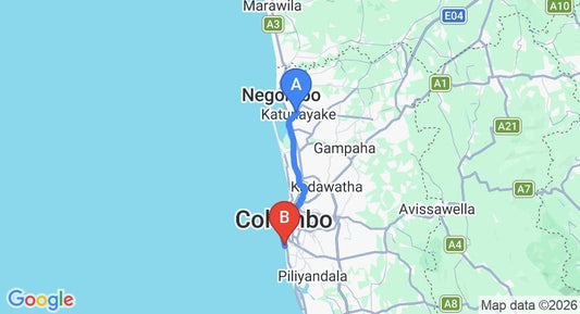 Driving route map: Colombo Airport (CMB) to Mirage Colombo, Colombo (39 km, approx 57 min private transfer)