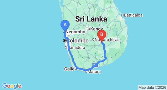 Driving route map: Colombo Airport (CMB) to Ella Retreat Cottage  for Nature  Lovers, Ella (339 km, approx 5 h 10 min private transfer)