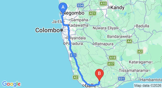 Driving route map: Colombo Airport (CMB) to Akuressa (176 km, approx 2 h 34 min private transfer)