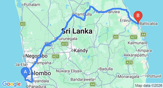 Driving route map: Ratmalana (RML) Airport to Batticaloa (338 km, approx 7 h 1 min private transfer)