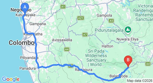 Driving route map: Colombo Airport (CMB) to Belihuloya (179 km, approx 4 h 8 min private transfer)