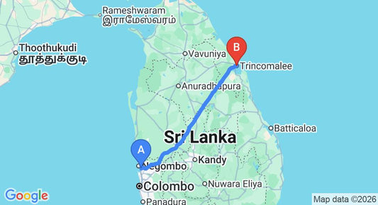 Driving route map: Colombo Airport (CMB) to Aqua Inns Hotel, Trincomalee (235 km, approx 4 h 43 min private transfer)