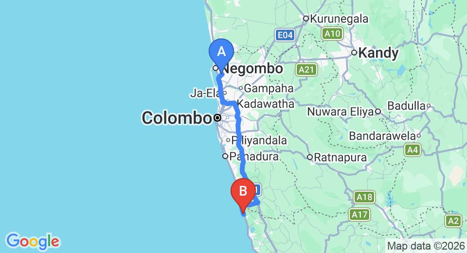Driving route map: Colombo Airport (CMB) to Serendib Beach Hotel, Bentota (112 km, approx 1 h 46 min private transfer)