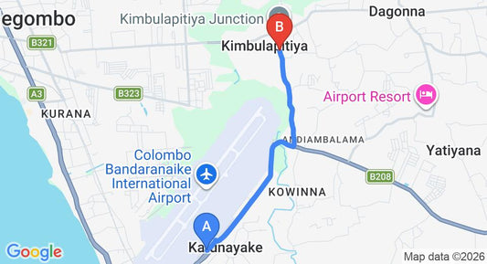 Driving route map: Colombo Airport (CMB) to Airport Square Villa, Katunayake (5 km, approx 11 min private transfer)