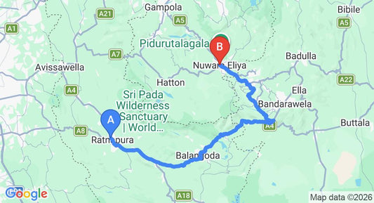 Driving route map: Ratnapura to Nuwara Eliya (136 km, approx 3 h 55 min private transfer)
