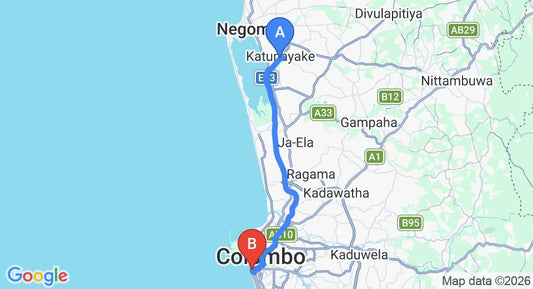 Driving route map: Colombo Airport (CMB) to Sheraton Colombo Hotel, Colombo (36 km, approx 50 min private transfer)