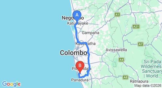 Driving route map: Colombo Airport (CMB) to Aqua Pearl Lake Resort, Moratuwa (74 km, approx 1 h 31 min private transfer)