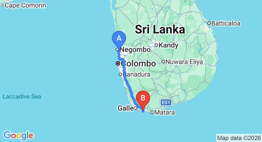 Driving route map: Colombo Airport (CMB) to New Palm Resort, Ahangama (165 km, approx 2 h 21 min private transfer)