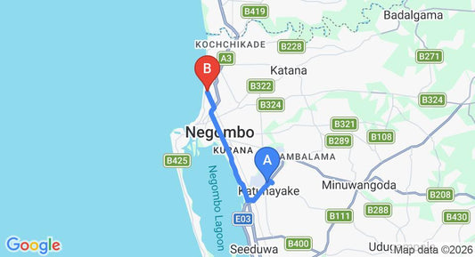 Driving route map: Colombo Airport (CMB) to Blue Horizon Guest House, Negombo (12 km, approx 29 min private transfer)