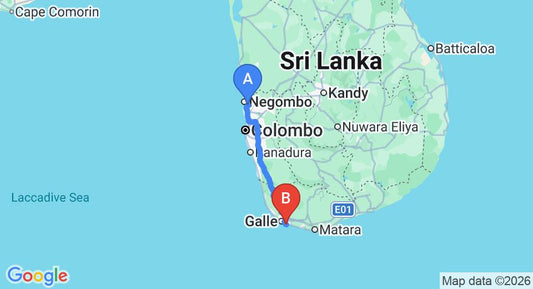 Driving route map: Colombo Airport (CMB) to Sri Gemunu Beach Resort, Unawatuna (154 km, approx 2 h 10 min private transfer)