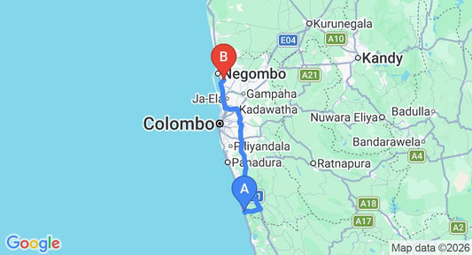Driving route map: Aluthgama to Colombo Airport (CMB) (104 km, approx 1 h 31 min private transfer)