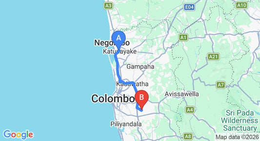 Driving route map: Colombo Airport (CMB) to Athurugiriya (47 km, approx 49 min private transfer)