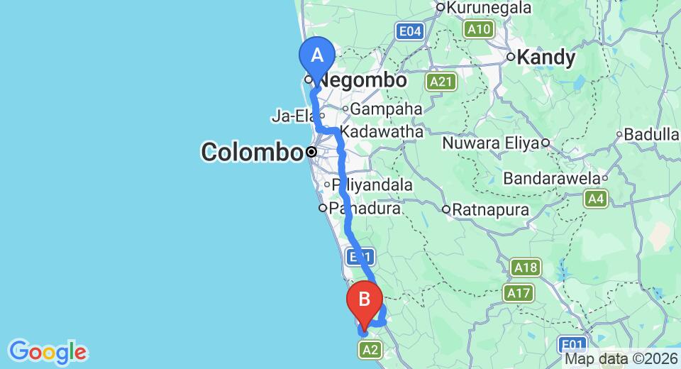 Driving route map: Colombo Airport (CMB) to Madampa Lake, Ambalangoda (133 km, approx 2 h 7 min private transfer)