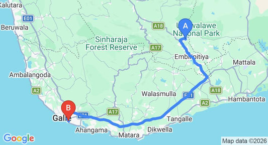 Driving route map: Udawalawe to Unawatuna (122 km, approx 1 h 57 min private transfer)