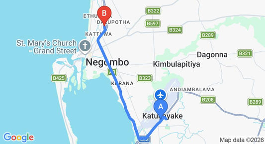Driving route map: Colombo Airport (CMB) to Green Gardens, Negombo (12 km, approx 28 min private transfer)