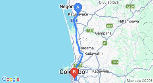 Driving route map: Colombo Airport (CMB) to Rose Villa, Colombo (36 km, approx 51 min private transfer)