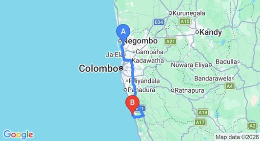 Driving route map: Colombo Airport (CMB) to Cinnamon Bey, Beruwala (110 km, approx 1 h 46 min private transfer)