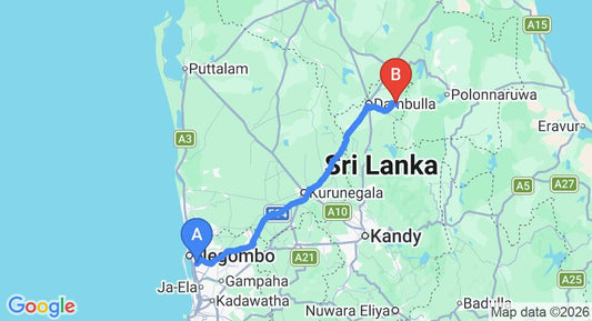 Driving route map: Colombo Airport (CMB) to Leopard Den Hotel, Wilpattu (146 km, approx 3 h 14 min private transfer)