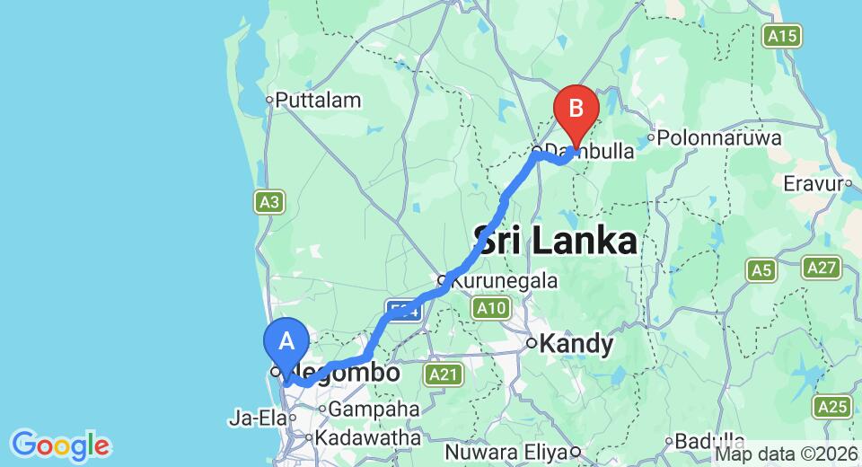 Driving route map: Colombo Airport (CMB) to Sinharaja Birders Lodge, Sinharaja (146 km, approx 3 h 14 min private transfer)