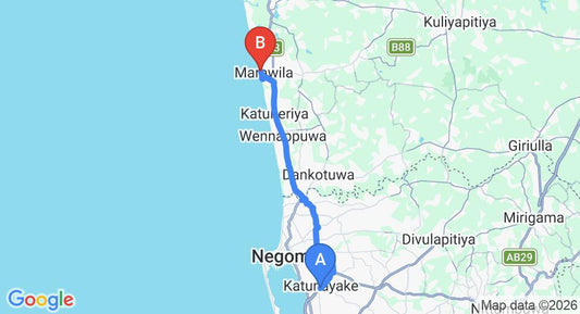 Driving route map: Colombo Airport (CMB) to Aquarius Sports Resort, Marawila (34 km, approx 1 h 3 min private transfer)