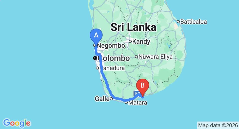 Driving route map: Colombo Airport (CMB) to Portofino Resort, Tangalle (227 km, approx 3 h 5 min private transfer)