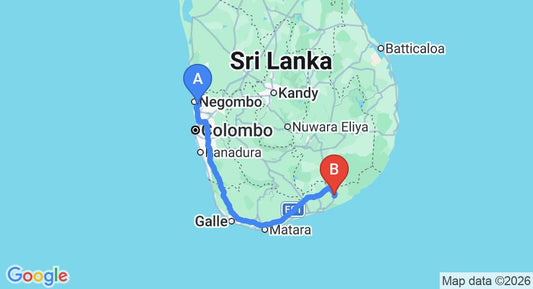 Driving route map: Colombo Airport (CMB) to Doubletree by Hilton Weerawila, Weerawila (274 km, approx 3 h 35 min private transfer)