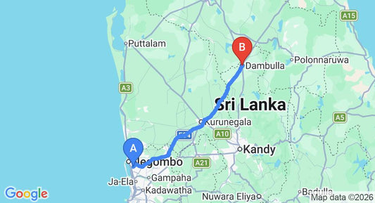 Driving route map: Colombo Airport (CMB) to Nice Place Restaurant and Bungalow, Dambulla (129 km, approx 2 h 47 min private transfer)