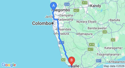 Driving route map: Colombo Airport (CMB) to Lazy Lizard Hotel, Galle (151 km, approx 2 h 6 min private transfer)