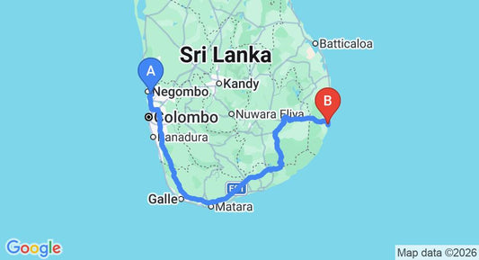 Driving route map: Colombo Airport (CMB) to Arugambay Roccos, Arugam Bay (418 km, approx 6 h 25 min private transfer)