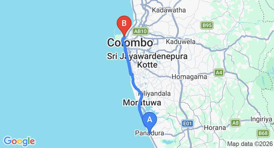 Driving route map: Panadura to Colombo Seaport (29 km, approx 1 h 1 min private transfer)