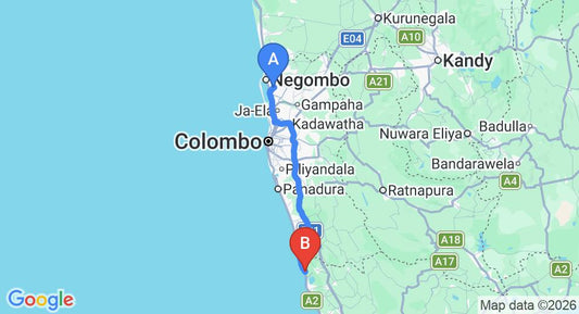 Driving route map: Colombo Airport (CMB) to Ayurveda Kuma Villa, Kosgoda (118 km, approx 1 h 54 min private transfer)