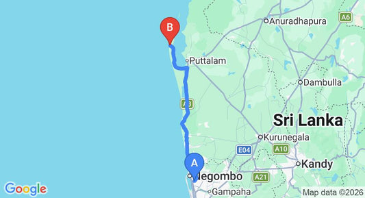 Driving route map: Colombo Airport (CMB) to Villa Sante, Kalpitiya (128 km, approx 3 h 3 min private transfer)