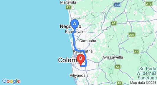 Driving route map: Colombo Airport (CMB) to Royal Mount Residence, Colombo (50 km, approx 56 min private transfer)